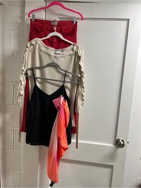4 pc bundle Banana Republic Black Top/Red Pants/lurex top/ Pink-Red Satin Scarf